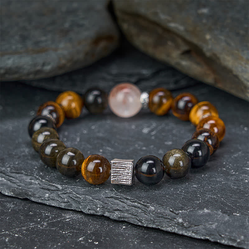 Buddha Stones Bracelet de protection en perles de quartz et obsidienne œil de tigre à reflets dorés. - Obsidienne œil de tigre à reflets dorés (Tour de poignet : 16–17 cm) - image 0