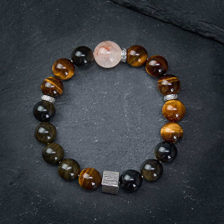 Buddha Stones Bracelet de protection en perles de quartz et obsidienne œil de tigre à reflets dorés. - image 1