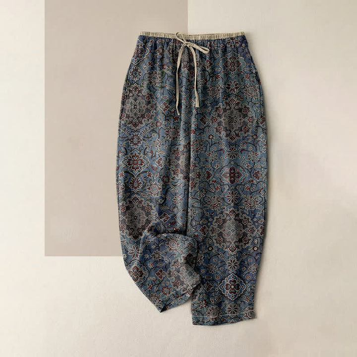 Buddha Stones Pantalon pour femme en pur coton à motif floral bohème, taille élastique et poches - SteelBlue - US16，UK/AU20，EU48 (3XL) - image 0