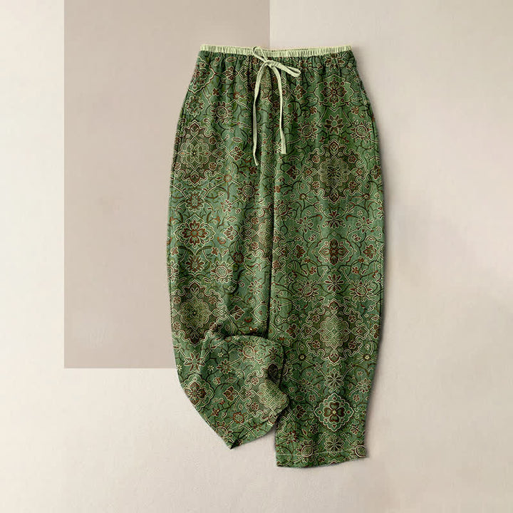 Buddha Stones Pantalon pour femme en pur coton à motif floral bohème, taille élastique et poches - Vert olive - US16，UK/AU20，EU48 (3XL) - image 3