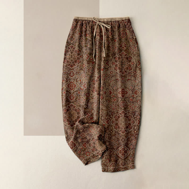 Buddha Stones Pantalon pour femme en pur coton à motif floral bohème, taille élastique et poches - SaddleBrown - US16，UK/AU20，EU48 (3XL) - image 4