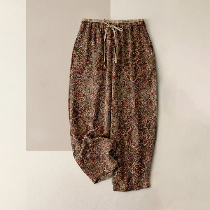 Buddha Stones Pantalon pour femme en pur coton à motif floral bohème, taille élastique et poches - SaddleBrown - US16，UK/AU20，EU48 (3XL) - image 4