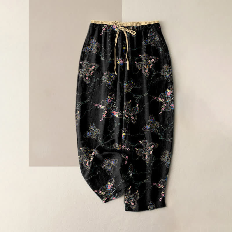 Buddha Stones Pantalon pour femme en pur coton, motif floral vintage papillon, taille élastique et poches - Noir - US16，UK/AU20，EU48 (3XL) - image 0
