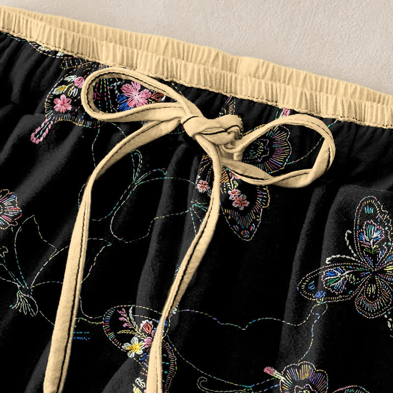Buddha Stones Pantalon pour femme en pur coton, motif floral vintage papillon, taille élastique et poches - image 1