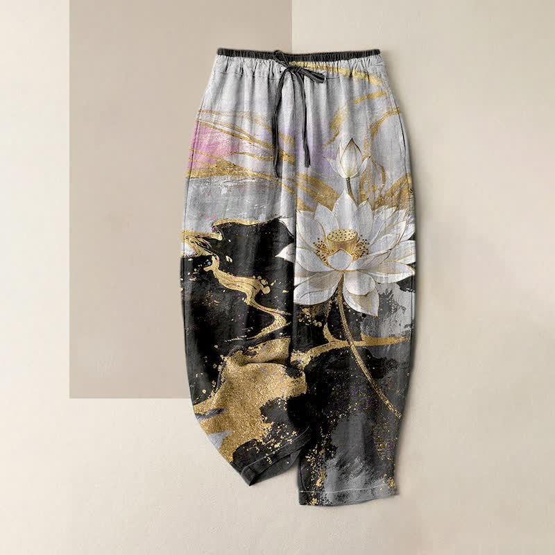 Buddha Stones Pantalon pour femme en pur coton, motif lotus délavé, taille élastique et poches - Noir - US16，UK/AU20，EU48 (3XL) - image 0