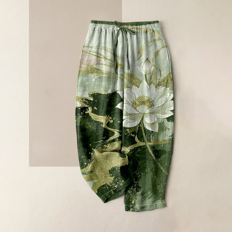 Buddha Stones Pantalon pour femme en pur coton, motif lotus délavé, taille élastique et poches - Vert olive - US16，UK/AU20，EU48 (3XL) - image 3