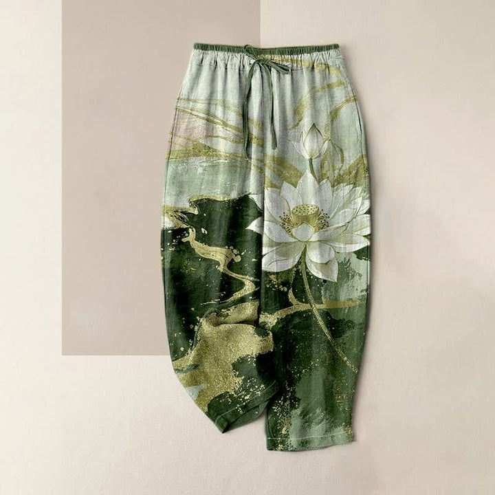 Buddha Stones Pantalon pour femme en pur coton, motif lotus délavé, taille élastique et poches - Vert olive - US16，UK/AU20，EU48 (3XL) - image 3
