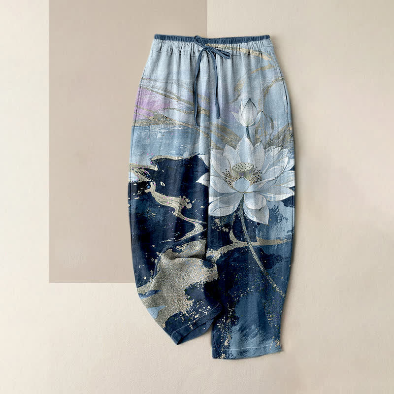 Buddha Stones Pantalon pour femme en pur coton, motif lotus délavé, taille élastique et poches - SteelBlue - US16，UK/AU20，EU48 (3XL) - image 4