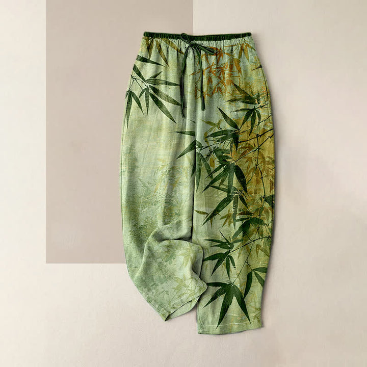Buddha Stones Pantalon pour femme en pur coton, motif bambou, taille élastique et poches - Vert clair - US16，UK/AU20，EU48 (3XL) - image 0