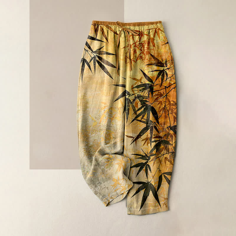 Buddha Stones Pantalon pour femme en pur coton, motif bambou, taille élastique et poches - Or - US16，UK/AU20，EU48 (3XL) - image 3