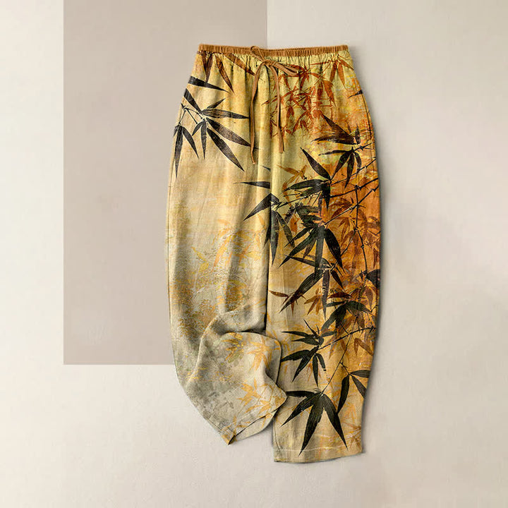 Buddha Stones Pantalon pour femme en pur coton, motif bambou, taille élastique et poches - Or - US16，UK/AU20，EU48 (3XL) - image 3