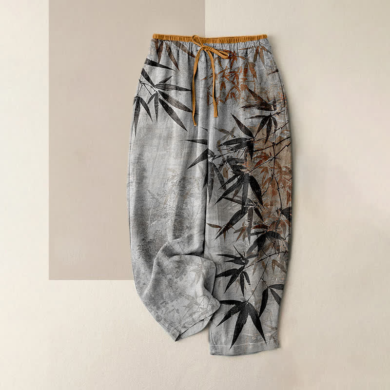 Buddha Stones Pantalon pour femme en pur coton, motif bambou, taille élastique et poches - Gris clair - US16，UK/AU20，EU48 (3XL) - image 4