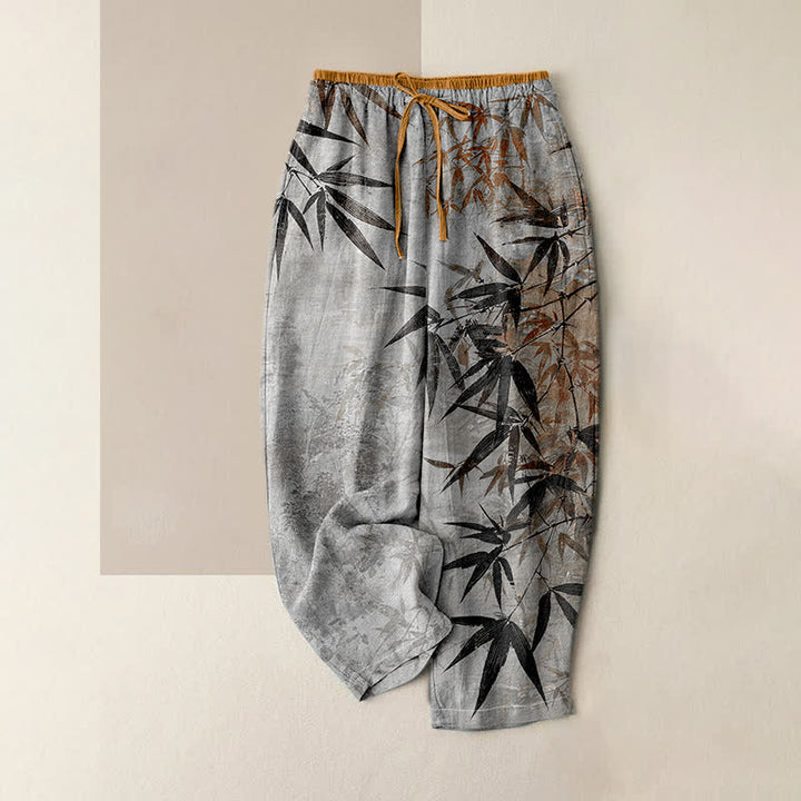 Buddha Stones Pantalon pour femme en pur coton, motif bambou, taille élastique et poches - Gris clair - US16，UK/AU20，EU48 (3XL) - image 4