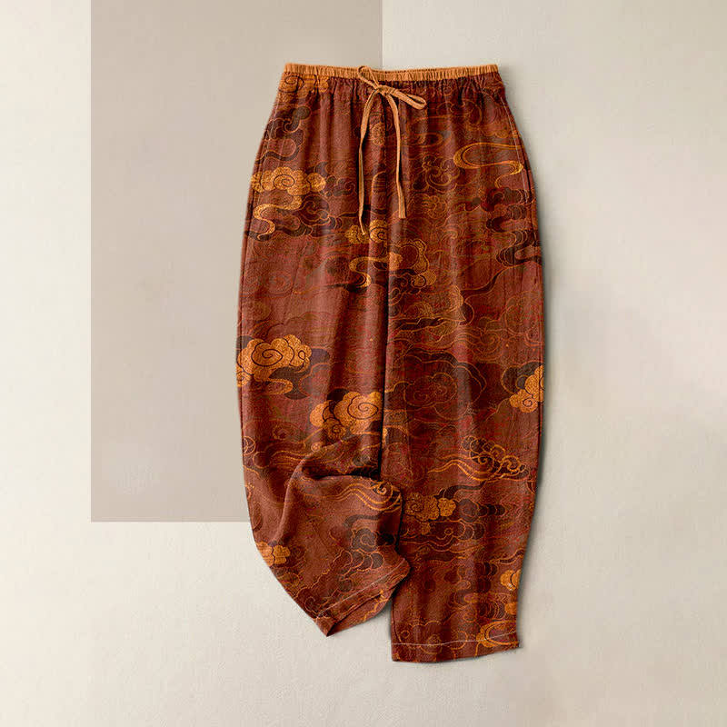 Buddha Stones Pantalon pour femme en pur coton, motif nuage oriental, taille élastique et poches - Bordeaux - US16，UK/AU20，EU48 (3XL) - image 0