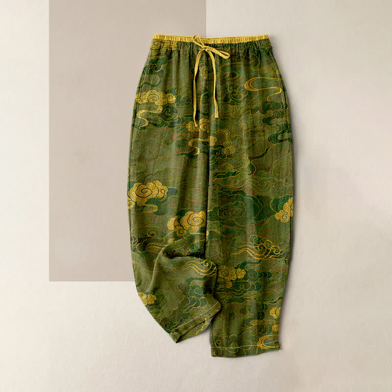 Buddha Stones Pantalon pour femme en pur coton, motif nuage oriental, taille élastique et poches - Vert olive - US16，UK/AU20，EU48 (3XL) - image 3