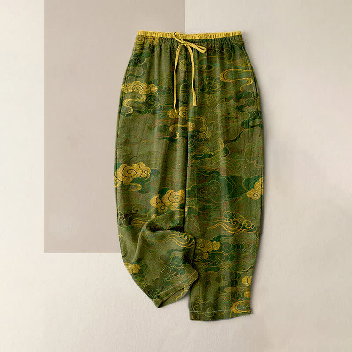 Buddha Stones Pantalon pour femme en pur coton, motif nuage oriental, taille élastique et poches - Vert olive - US16，UK/AU20，EU48 (3XL) - image 3