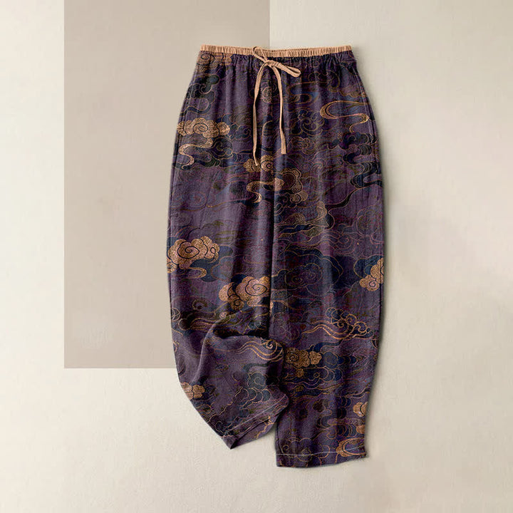 Buddha Stones Pantalon pour femme en pur coton, motif nuage oriental, taille élastique et poches - Violet - US16，UK/AU20，EU48 (3XL) - image 4