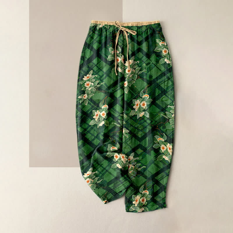 Buddha Stones Pantalon pour femme en pur coton, à taille élastique et poches, motif floral et quadrillé vintage. - Vert forêt - US16，UK/AU20，EU48 (3XL) - image 0