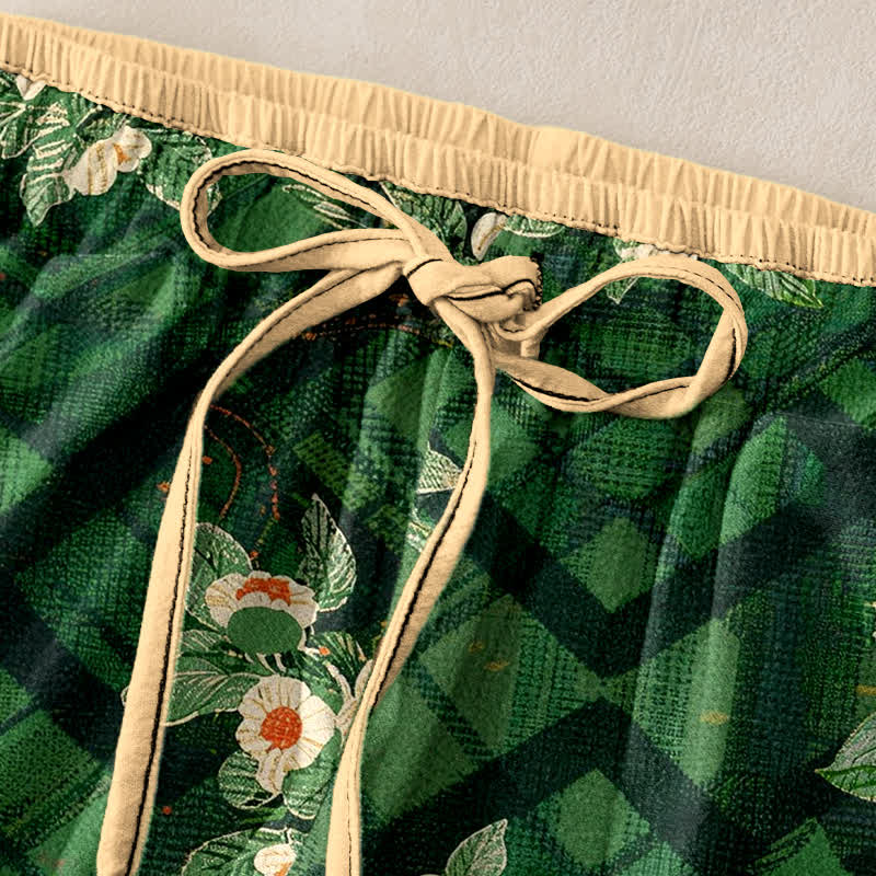 Buddha Stones Pantalon pour femme en pur coton, à taille élastique et poches, motif floral et quadrillé vintage. - image 1