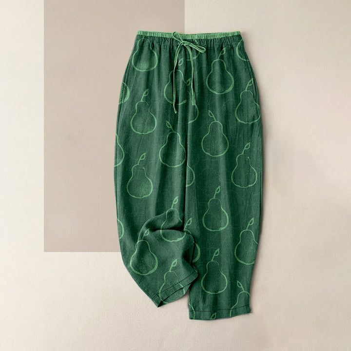 Buddha Stones Pantalon pour femme en pur coton, motif poire délicat, taille élastique et poches - Vert forêt - US16，UK/AU20，EU48 (3XL) - image 0
