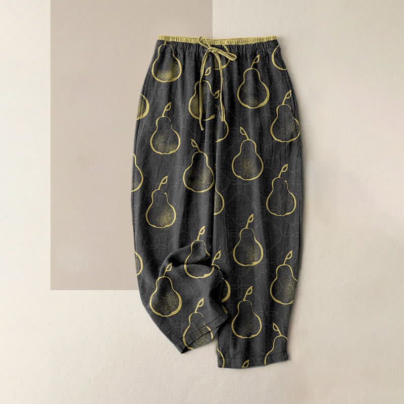 Buddha Stones Pantalon pour femme en pur coton, motif poire délicat, taille élastique et poches - Noir - US16，UK/AU20，EU48 (3XL) - image 4