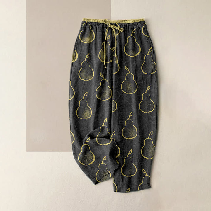 Buddha Stones Pantalon pour femme en pur coton, motif poire délicat, taille élastique et poches - Noir - US16，UK/AU20，EU48 (3XL) - image 4