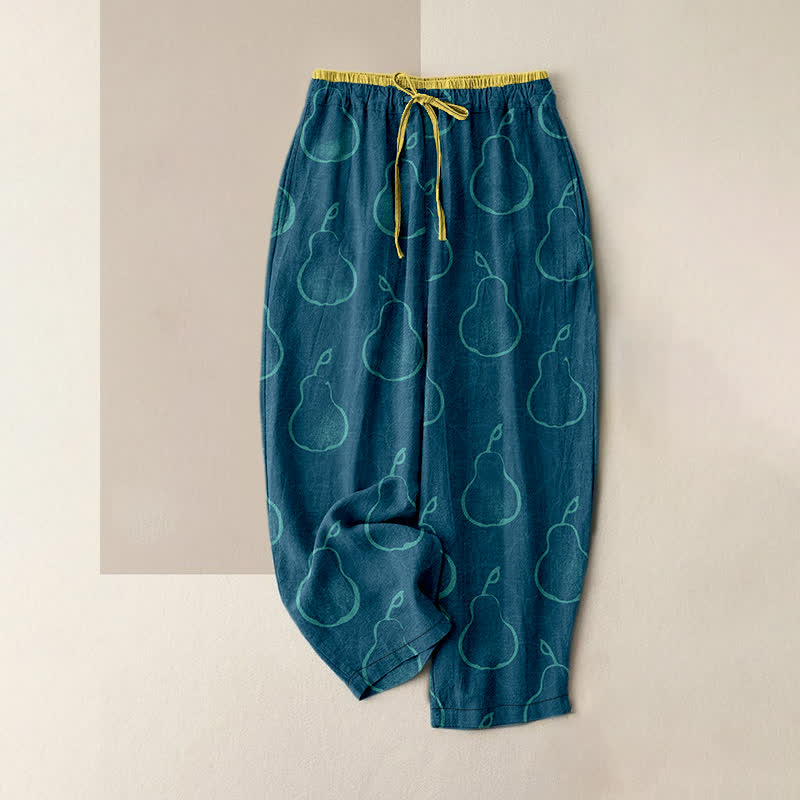 Buddha Stones Pantalon pour femme en pur coton, motif poire délicat, taille élastique et poches - SteelBlue - US16，UK/AU20，EU48 (3XL) - image 5