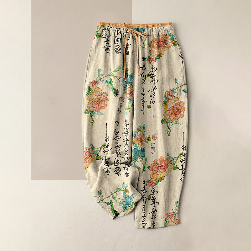Buddha Stones Pantalon pour femme en pur coton, à taille élastique et poches, orné d'un motif floral calligraphique vintage. - Beige - US16，UK/AU20，EU48 (3XL) - image 0