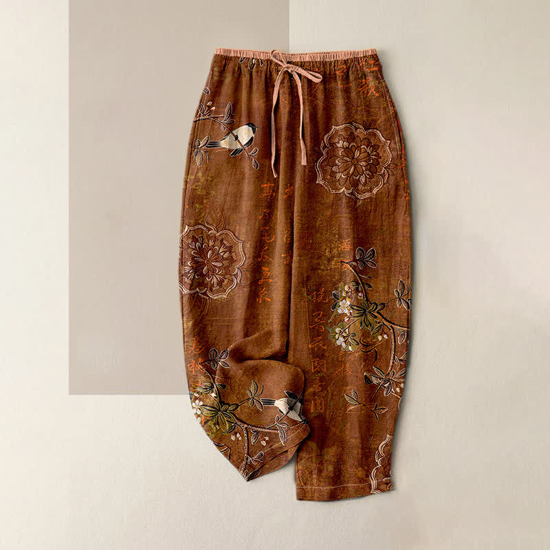 Buddha Stones Pantalon pour femme en pur coton, motif floral bohème et oiseaux, taille élastique et poches - SaddleBrown - US16，UK/AU20，EU48 (3XL) - image 0