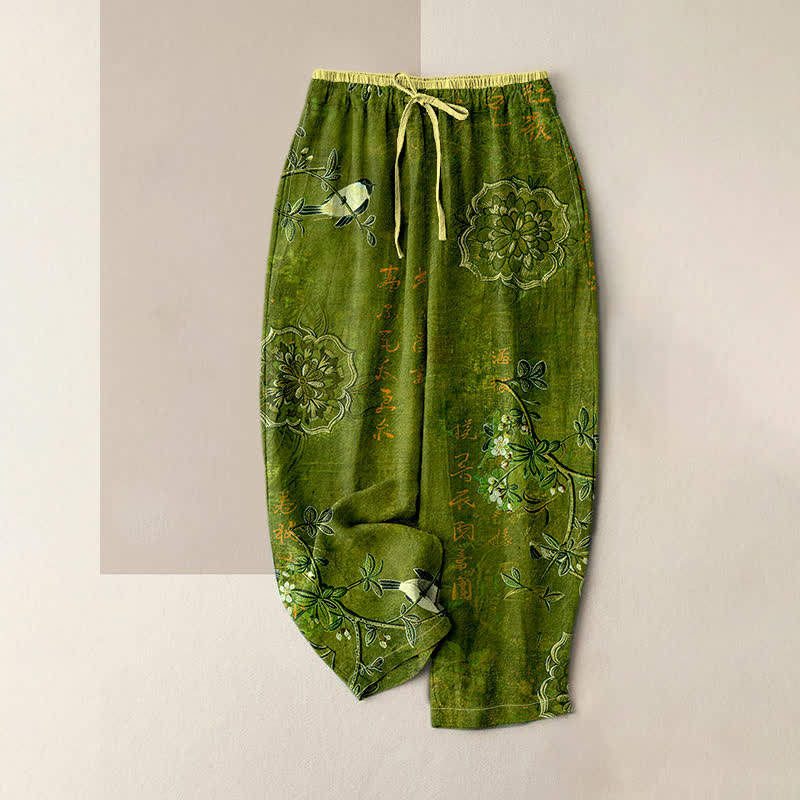 Buddha Stones Pantalon pour femme en pur coton, motif floral bohème et oiseaux, taille élastique et poches - Olive - US16，UK/AU20，EU48 (3XL) - image 3