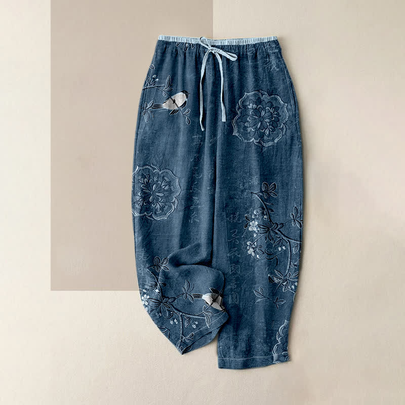 Buddha Stones Pantalon pour femme en pur coton, motif floral bohème et oiseaux, taille élastique et poches - SteelBlue - US16，UK/AU20，EU48 (3XL) - image 4