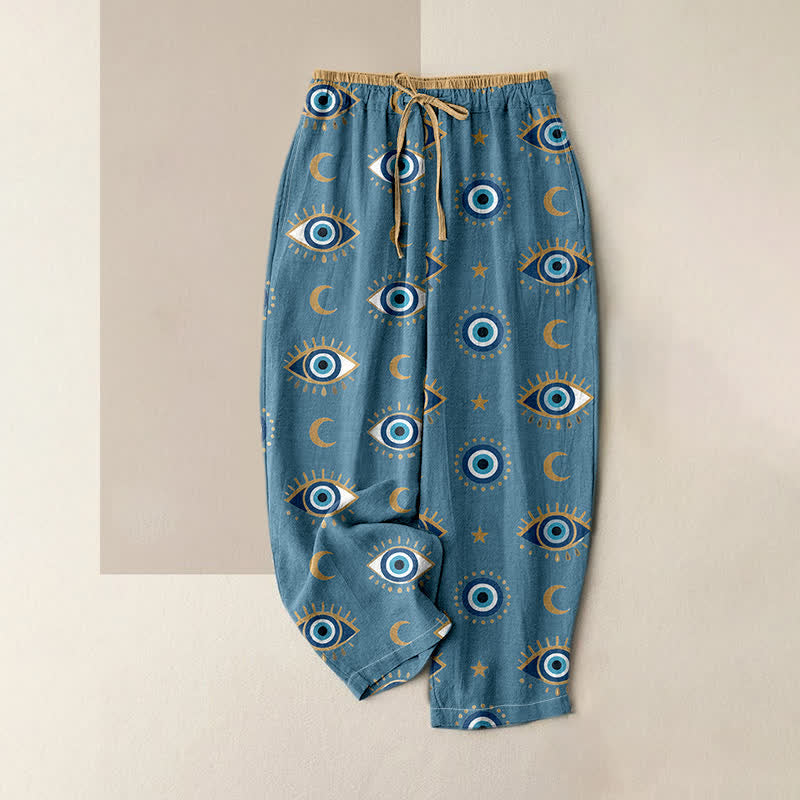 Buddha Stones Pantalon pour femme en pur coton avec taille élastique et poches, motif œil mystique maléfique - CadetBlue - US16，UK/AU20，EU48 (3XL) - image 0