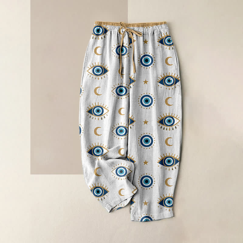 Buddha Stones Pantalon pour femme en pur coton avec taille élastique et poches, motif œil mystique maléfique - Blanc - US16，UK/AU20，EU48 (3XL) - image 3