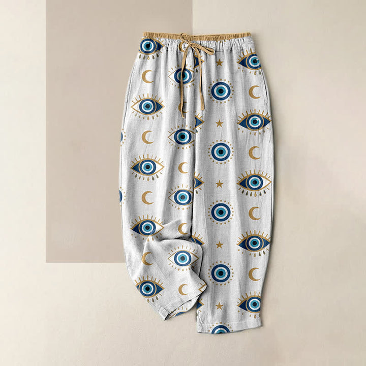 Buddha Stones Pantalon pour femme en pur coton avec taille élastique et poches, motif œil mystique maléfique - Blanc - US16，UK/AU20，EU48 (3XL) - image 3