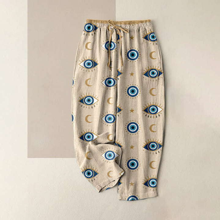 Buddha Stones Pantalon pour femme en pur coton avec taille élastique et poches, motif œil mystique maléfique - Beige - US16，UK/AU20，EU48 (3XL) - image 4