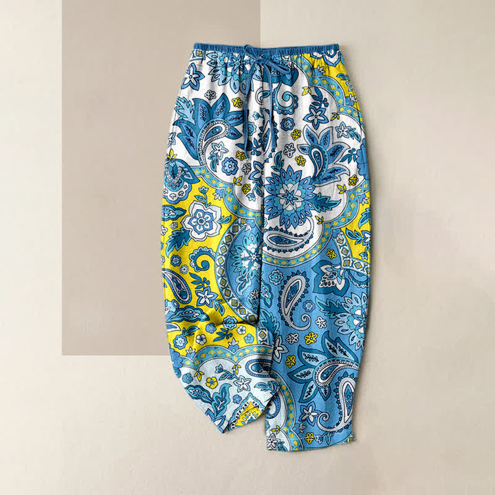 Buddha Stones Pantalon pour femme en pur coton à motif floral cachemire bohème, taille élastique et poches - Turquoise - US16，UK/AU20，EU48 (3XL) - image 0