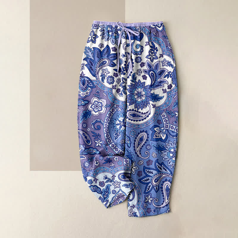 Buddha Stones Pantalon pour femme en pur coton à motif floral cachemire bohème, taille élastique et poches - Violet moyen - US16，UK/AU20，EU48 (3XL) - image 3