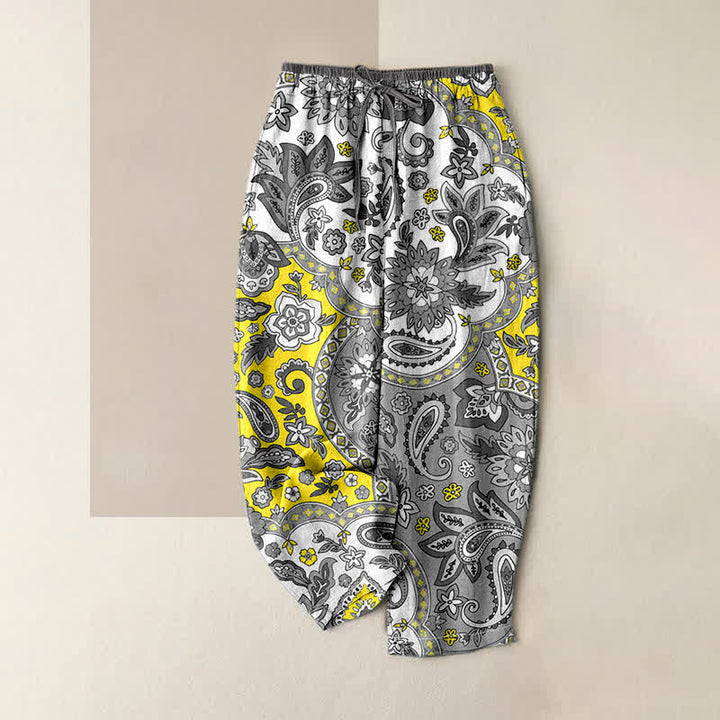 Buddha Stones Pantalon pour femme en pur coton à motif floral cachemire bohème, taille élastique et poches - Jaune - US16，UK/AU20，EU48 (3XL) - image 4