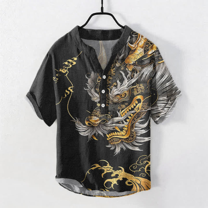 Buddha Stones Chemise homme à manches courtes et demi-boutonnages, motif dragon doré en coton - Noir - US/UK/AU50，EU60 (5XL) - image 0