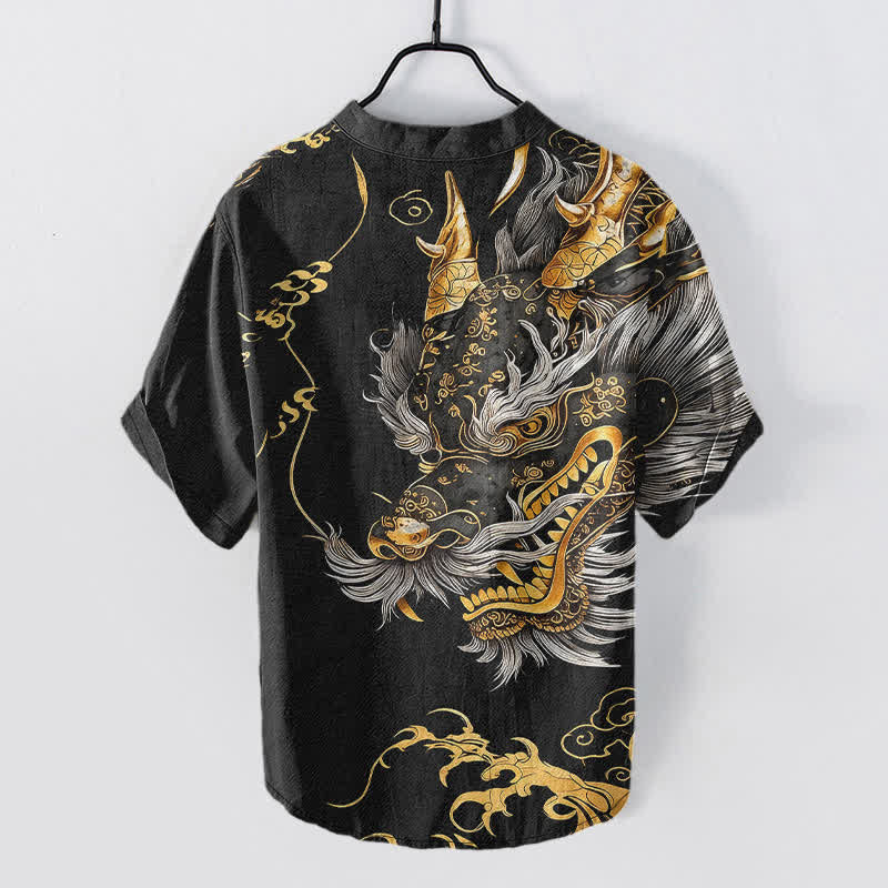 Buddha Stones Chemise homme à manches courtes et demi-boutonnages, motif dragon doré en coton - image 1