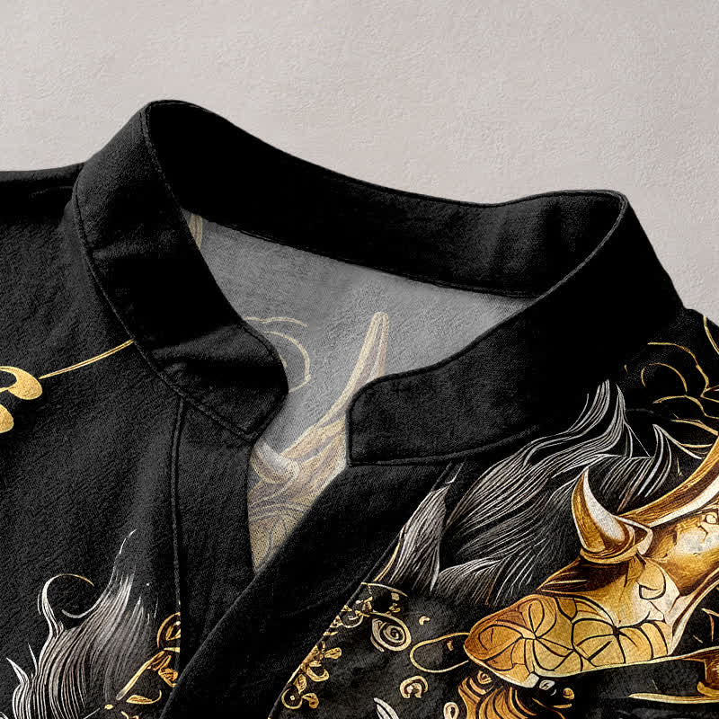 Buddha Stones Chemise homme à manches courtes et demi-boutonnages, motif dragon doré en coton - image 2