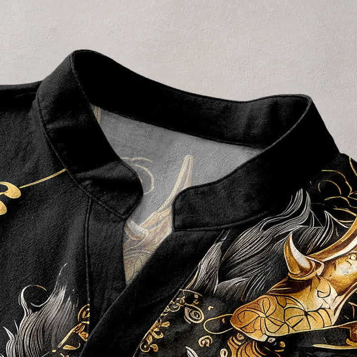 Buddha Stones Chemise homme à manches courtes et demi-boutonnages, motif dragon doré en coton - image 2
