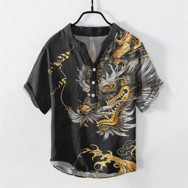 Buddha Stones Chemise homme à manches courtes et demi-boutonnages, motif dragon doré en coton - Noir - US/UK/AU50，EU60 (5XL) - image 0
