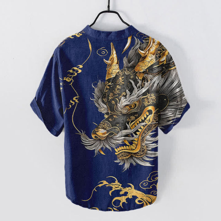 Buddha Stones Chemise homme à manches courtes et demi-boutonnages, motif dragon doré en coton - image 6