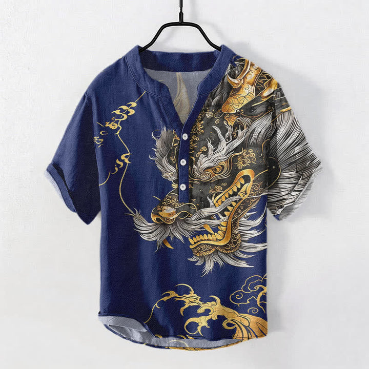 Buddha Stones Chemise homme à manches courtes et demi-boutonnages, motif dragon doré en coton - Marine - US/UK/AU50，EU60 (5XL) - image 5
