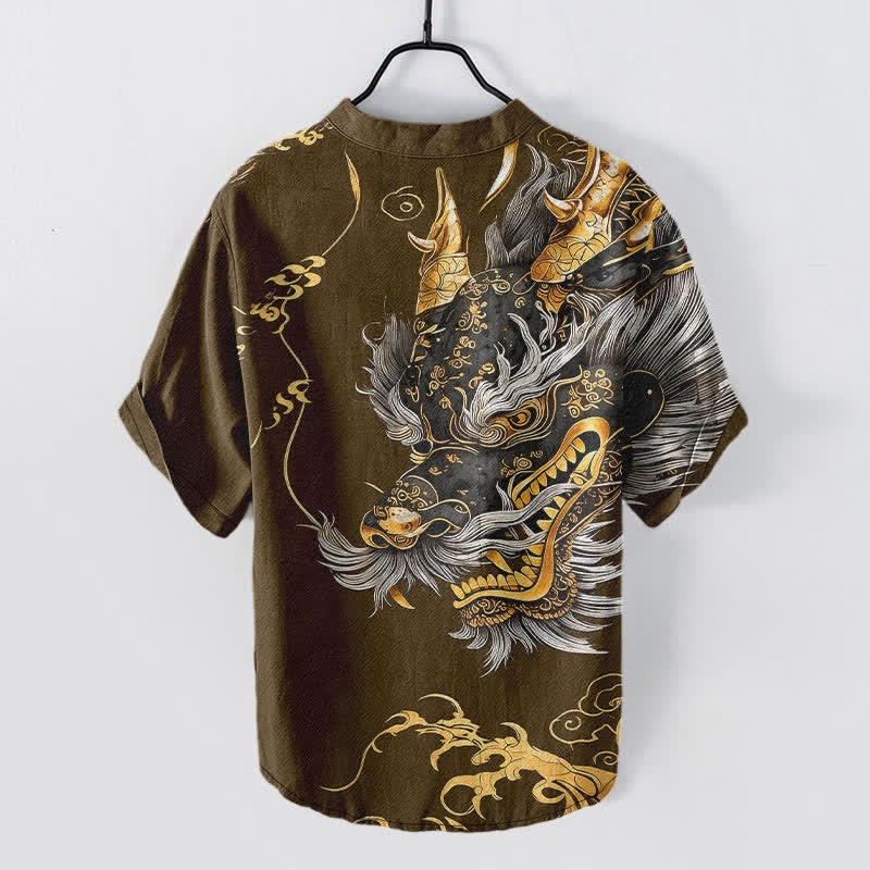 Buddha Stones Chemise homme à manches courtes et demi-boutonnages, motif dragon doré en coton - image 8