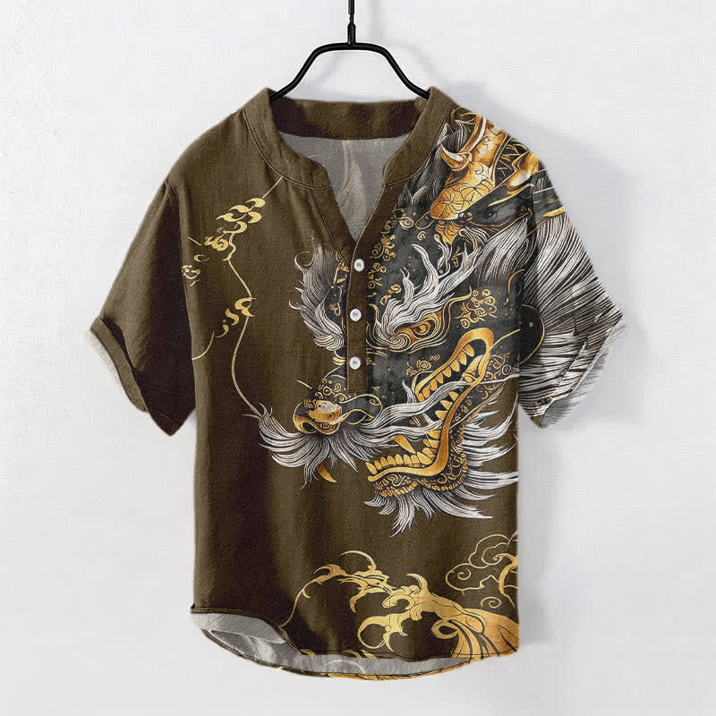 Buddha Stones Chemise homme à manches courtes et demi-boutonnages, motif dragon doré en coton - SaddleBrown - US/UK/AU50，EU60 (5XL) - image 7
