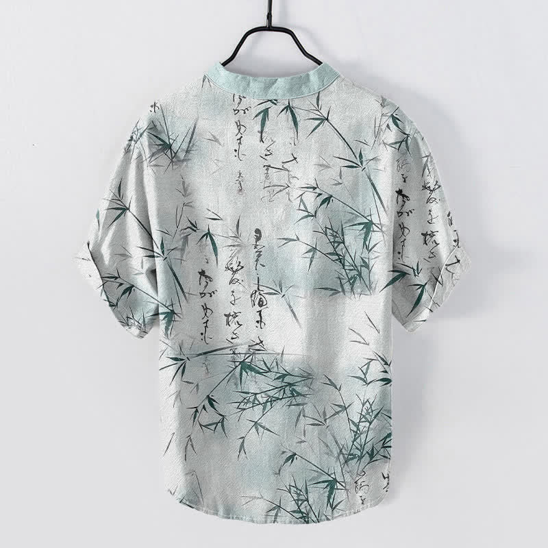 Buddha Stones Chemise à manches courtes pour homme, motif calligraphie bambou à l'encre de coton - image 1
