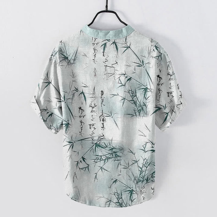 Buddha Stones Chemise à manches courtes pour homme, motif calligraphie bambou à l'encre de coton - image 1