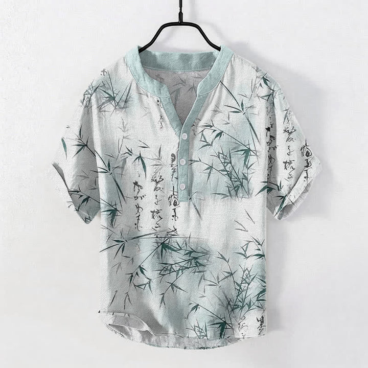 Buddha Stones Chemise à manches courtes pour homme, motif calligraphie bambou à l'encre de coton - Turquoise pâle - US/UK/AU50，EU60 (5XL) - image 0